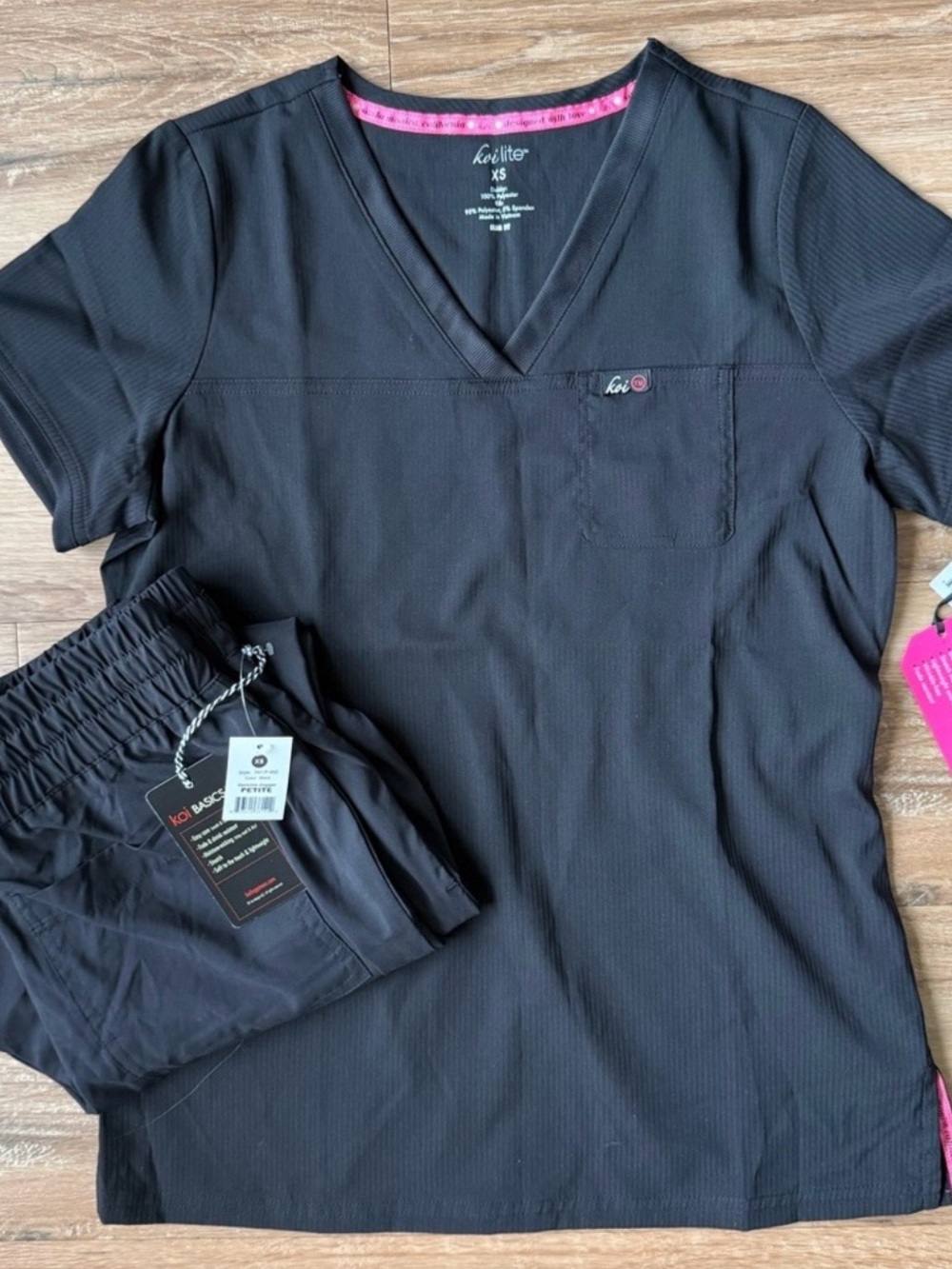 koi Classics Black Scrub Top and Pants Set with Pink Trim